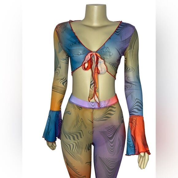 Stylish Long Sleeve Mesh Crop Top & Leggings Pants Set Breathable Trendy - Picture 8 of 16